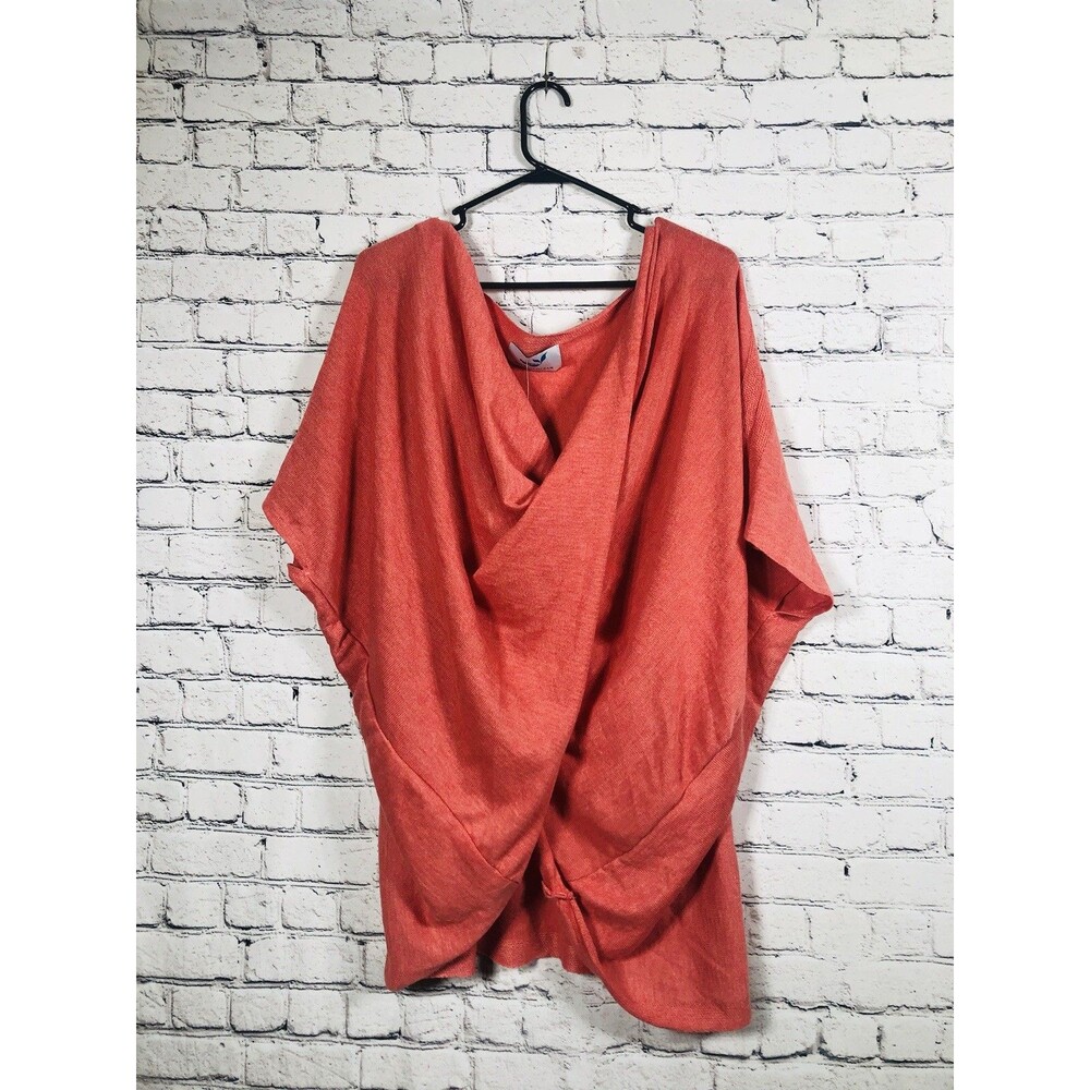 Save the Ocean Women Knit Top Wrap Front Draped Short Sleeve Coral One Size